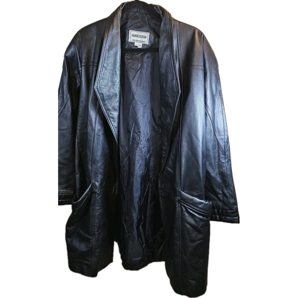 Vintage Fitz Wright Long Black Genuine Leather Coat Jacket Women's Size L
